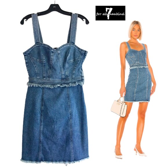 7 For All Mankind NEW Western MUSE Sweetheart Neck Frayed Fitted Denim Dress S - Picture 1 of 12